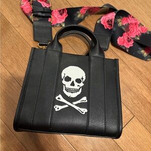Betsey Johnson Black Leather Skull & Crossbones Mini Tote with Floral Strap